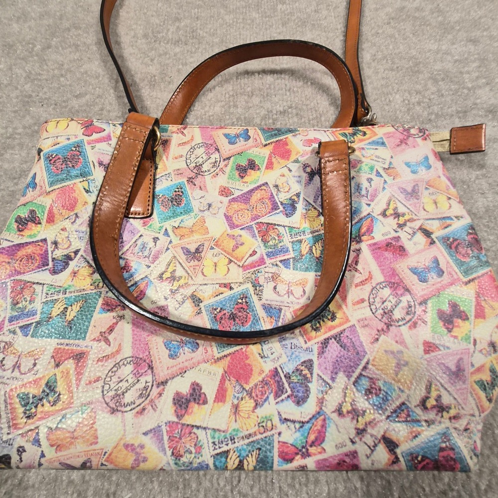 Fossil Key-Per Butterfly Postage Stamp Satchel Crossbody Bag Multi Color Y2K